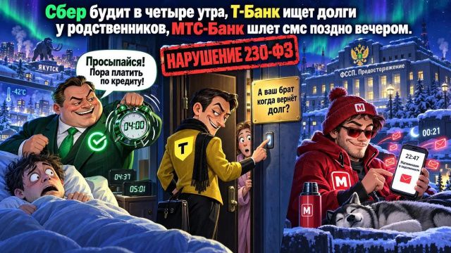 Сбер будит в четыре утра, Т-Банк ищет долги у родственников, МТС-Банк шлет смс поздно вечером