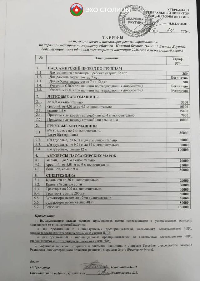 Фотофакт: тарифы на паромную переправу Якутск — Нижний Бестях с сегодняшнего дня
