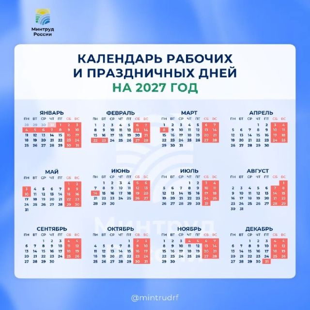 Россияне в 2027 году пять раз будут отдыхать сразу по три дня